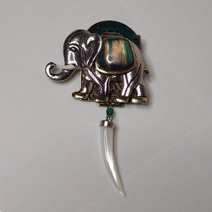 Very Awesome Silver Tone Elephant Brooch With Dangling Faux Tusk